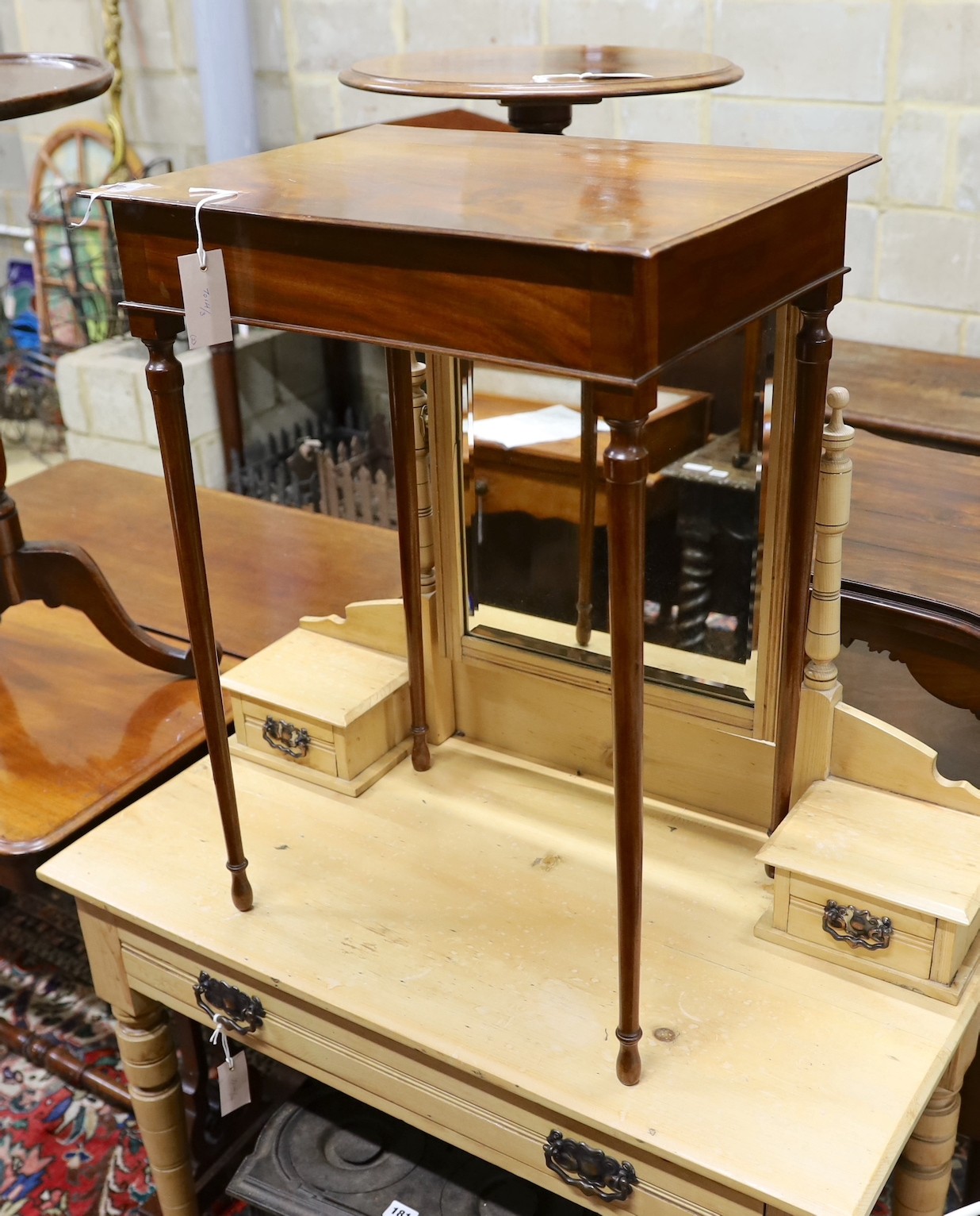 An Edwardian rectangular mahogany side table, width 51cm, height 70cm, together with a Victorian mahogany circular wine table